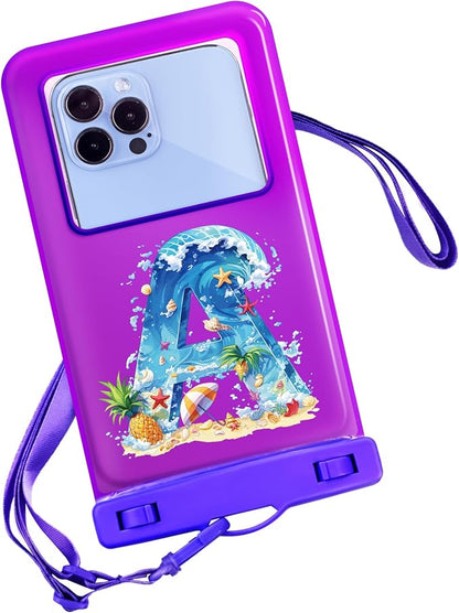Personalized Initial Waterproof Phone Pouch Case - IPX8 Cellphone Dry Bag with Lanyard for iPhone 16/15/14/13/12 Pro Max (6.1–6.9"), Beach & Cruise Ship Essentials with Monogrammed Design (Purple, A)