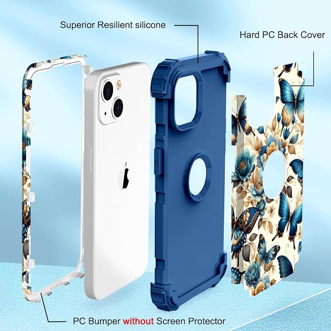 Hocase for iPhone 15 Case, Heavy Duty Shockproof Protection Soft Silicone Rubber Bumper+Hard Plastic Hybrid Protective Case for iPhone 15 (6.1" Display) 2023 - Blue Butterflies