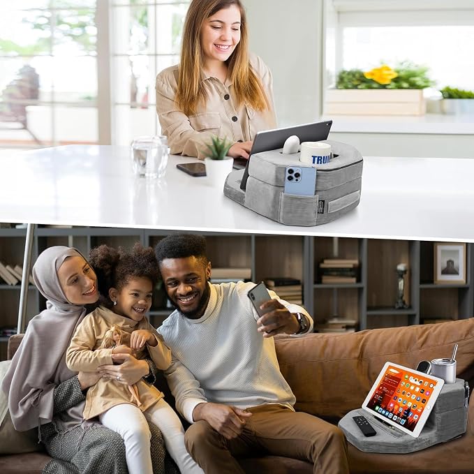 TabCouchCaddy - Couch Cup Holder Tray Pillow - Bed, Couch Caddy, Sofa, RV & Car - Holds Drinks, Snacks, Remotes, Phones, Kindle, Tablet | Bed Cup Holder (Grey)