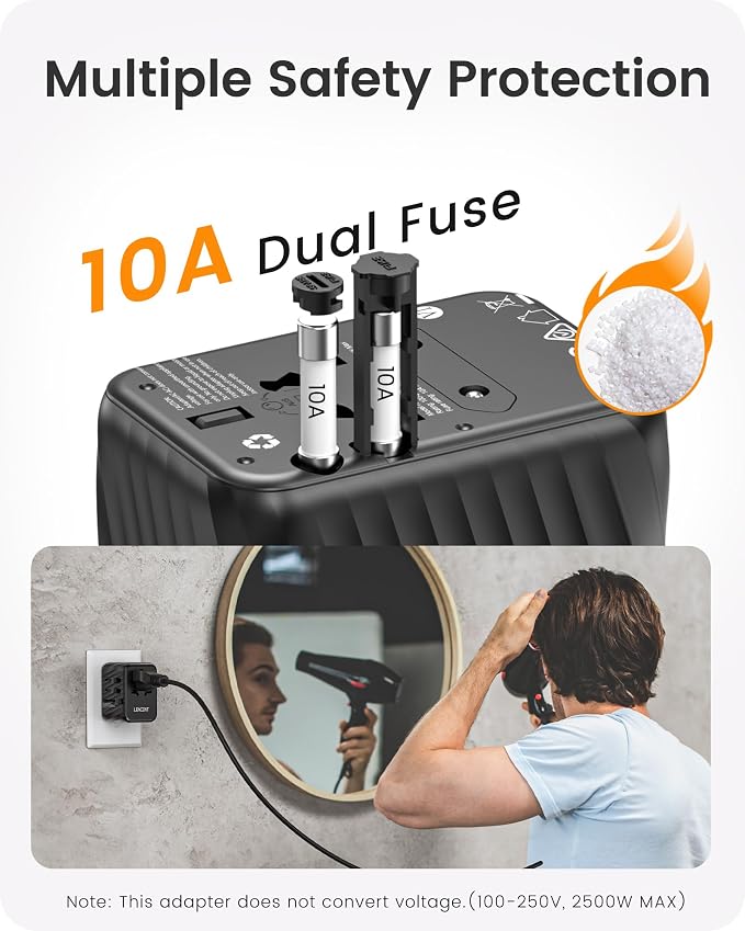 LENCENT Universal Travel Power Adapter, International AC Plug Adaptor | with 3 USB C 2 USB A Ports Wall Charger Worldwide Travel Essentials for US to EU UK Ireland Australia (Type C/G/A/I) Black