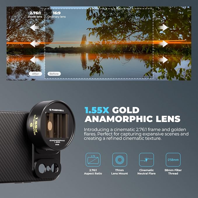 Freewell 1.55x Gold Anamorphic Lens Compatible with 17mm Mount iPhone, Samsung - Advanced Smartphone Lens for Wide Cinematic View, Golden Flares, and Enhanced Video Clarity