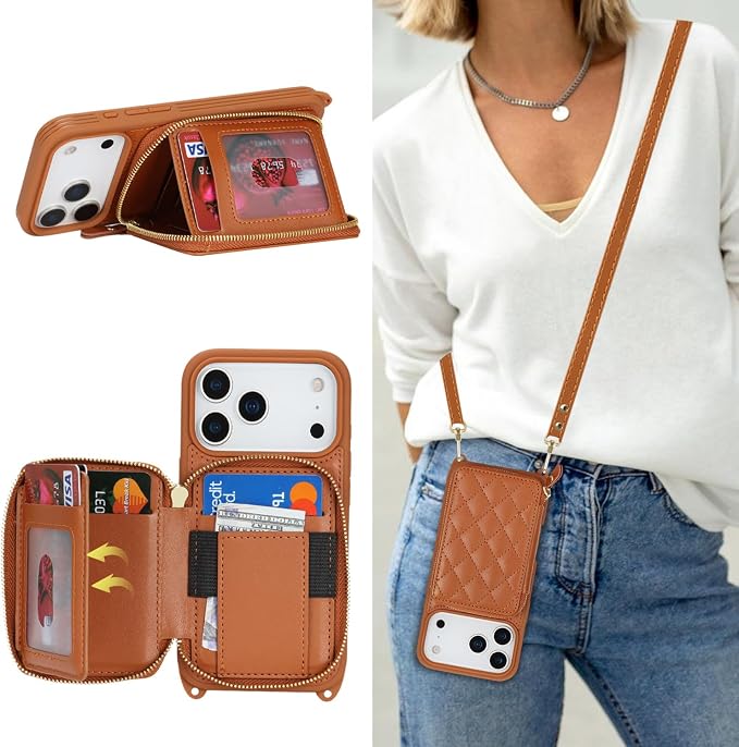 Crossbody Wallet Case for iPhone 17 Pro, PU Leather Zipper Handbag Purse Flip Cover, Kickstand Folio Case with Card Slots Holder Wrist Strap Lanyard 5G 6.3 Inch-Brown