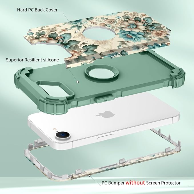 Hocase for iPhone 17e/iPhone 16e Case, Heavy Duty Shockproof Protection Hard Plastic+Silicone Rubber Hybrid Protective Phone Case for iPhone 17e/16e 6.1" - Teal Blue Flowers