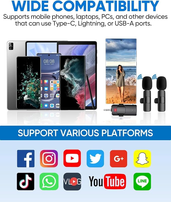 Wireless Lavalier Microphones for iPhone, iPad, Android, Camera, 3 in 1 USB-C Microphone, Mic 7-Hour Battery, Mini Microphone with Noise Reduction for Video Recording, Vlog, YouTube, TikTok