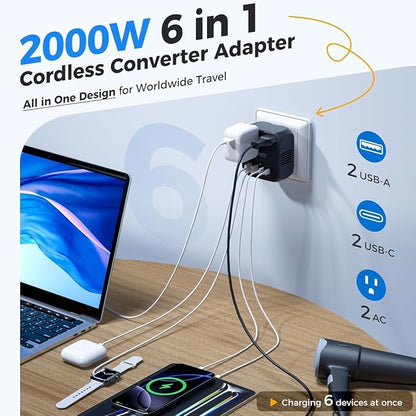 Upgraded 2000W Voltage Converter US to Europe for Hair Dryer - 220V to 110V Converter for European Travel, Power Converter Adapter Combo with 2 PD/QC & UK/AU/US/IT/European Travel Plug Adapters