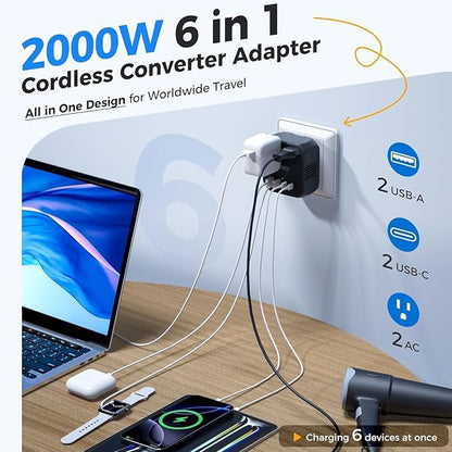 220V to 110V Converter, 2000W Voltage Converter US to Europe for Hair Dryer | 5 in 1 Converter for European Travel, Power Converter Adapter Combo with 2 PD/QC & UK/AU/US/IT/European Travel Plug Adapters