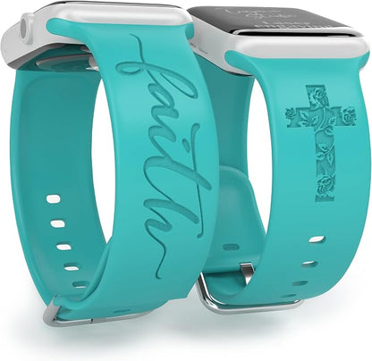 Faith with Cross Watch Band Compatible with Apple Watch Laser Engraved Band Silicone 38mm 40mm 41mm 42mm 44mm 45mm 46mm 49mm Strap Jesus Psalm Christian God Blessed (Lake Blue, 42/44/45/46/49mm M/L)