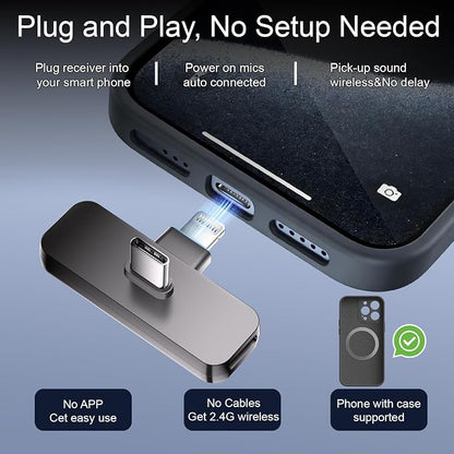 2-Pack Wireless Mini Lavalier Lapel Microphone for iPhone,Android Phone(2 in 1) - 65ft Cordless Clip on Dual Mics with Noise Reduction 6H Working Time for Video Recording Vlogging, YouTube