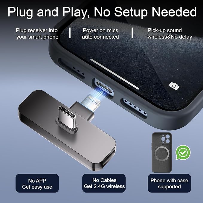 2-Pack Wireless Mini Lavalier Lapel Microphone for iPhone,Android Phone(2 in 1) w/ Case - 65ft Cordless Clip on Dual Mics with Noise Reduction 6H Working Time for Video Recording Vlogging, YouTube