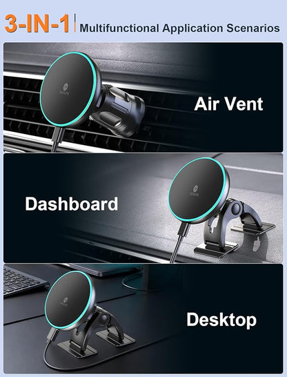 MOKPR for iPhone Magsafe Car Mount Charger, Wireless Car Charger Magnetic Car Phone Holder for Dash Air Vent-LED HandsFree Car Mount Fast Car Charger for iPhone 17/16/15/14/13/12