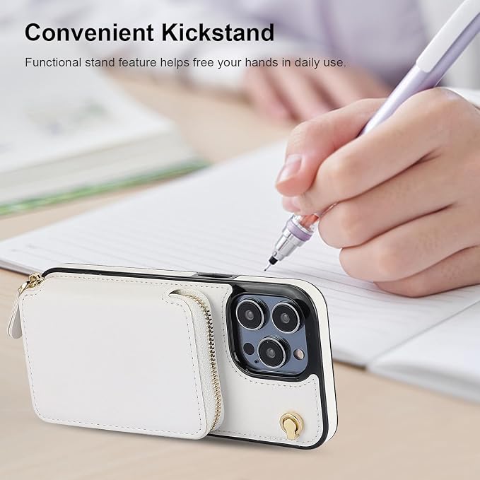 Bocasal Crossbody Wallet Case for iPhone 14 Pro Max, RFID Blocking Leather Purse Case with Card Holder, Protective Handbag Flip Cover with Zipper Wrist Strap Lanyard for Women 5G 6.7 Inch (White)