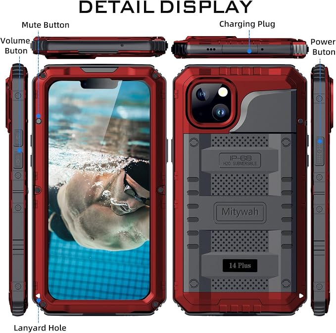 Mitywah Waterproof Case for iPhone 14 Plus, Heavy Duty Shockproof Case with Built-in Screen Protector, Full Body Underwater Protective Metal Case 6.7 inch, Red