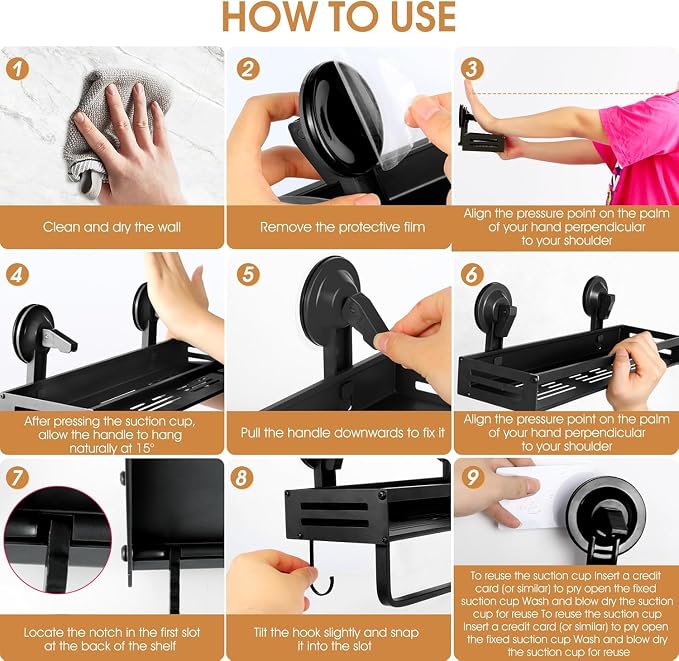 Shower Caddy Suction Cup, 11.8 inch 2 Pack Suction Shower Shelf with Hooks NO-Drilling Bathroom Holder, Rustproof Bathroom Organizer, Black,Includes 2 Extra Suction Cups for Replacement Use