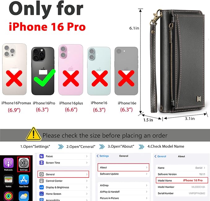 Wallet Case for iPhone 16 Pro with Card Holder/Crossbody Wallet/Strap| RFID Blocking | Magnetic | Kickstand | Detachable | PU Leather Phone Case for iPhone 16 Pro,6.3 in,Black