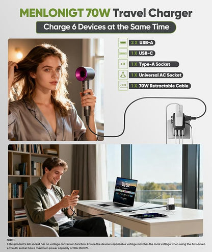 70W GaN Universal Travel Adapter with Retractable USB-C Cable, Fast Wall Charger for MacBook Pro/Air, Laptops, 6-in-1 International Plug for US/UK/EU/AU (Over 200 Countries)