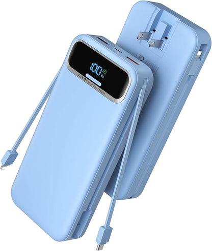 Nusyddy Portable Charger 20000mAh 22.5W w/Built-in Cables & Wall Plug Blue | 22.5W Fast Charging, High Capacity, LED Display, Charge 5 Devices at once, TSA Approved, Compatible with iPhone/iPad/Samsung