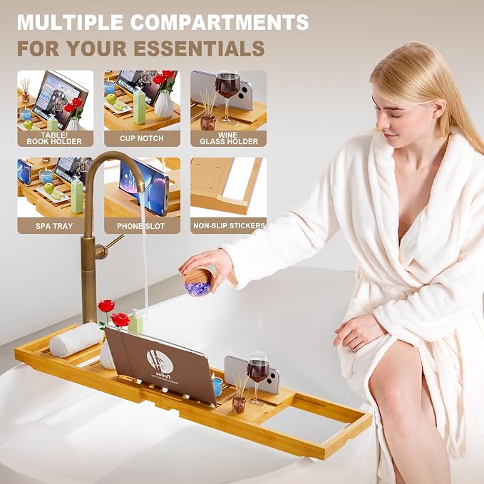 Yirilan Bathtub Trays for Tub,Bath Tray, Foldable Bathtub Caddy,Bamboo