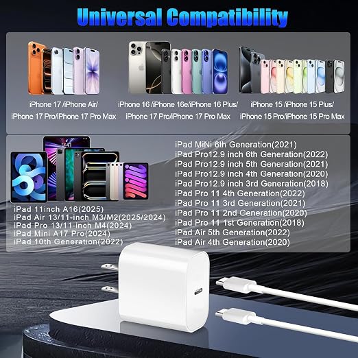 iPhone 17 16 15 Fast Charger, 2-Pack 20W USB C Wall Charger Plug with 6FT Type C High-Speed Fast Charging Cable for Apple iPhone 17 Pro Max/Pro/Air,iPhone 16/15 Pro Max/Pro/Plus/iPad Pro/Mini/AirPods