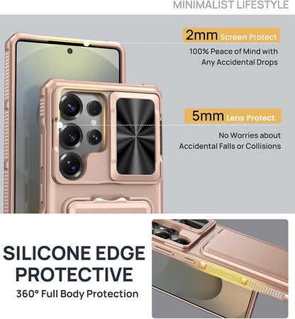 SSLOTSCASE for Samsung Galaxy S25 Ultra Case with Card Holder & Camera Stand & Kickstand & Slide Camera Lens Cover & Wallet, Heavy-Duty Shockproof Protection Phone Cover for S25 Ultra 6.9", Rose Gold
