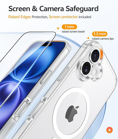 FNTCASE for iPhone 16 Plus Case: [Compatible with Magsafe] [Screen Protector] Anti Yellowing Transparent Clear Magnetic Phone Cover - Military Grade Shockproof Drop Proof Protective Cases - Clear