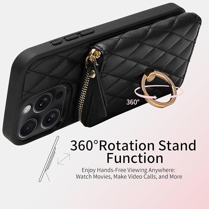ZVE for iPhone 15 Pro Max Wallet Case for Women, Crossbody Wrist Strap Protective Leather Lanyard with Ring Holder Flip Cover 6.7 Inch-Black