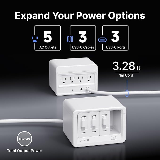 Gitryin 11-in-1 Desktop Charging Station with 3 Retractable Wall Chargers, 40W USB-C Power Strip with 5 AC, 3 USB C, 3 Type-C 33.5in Cables, Extension Cord with 1020J Surge Protection for Home Office