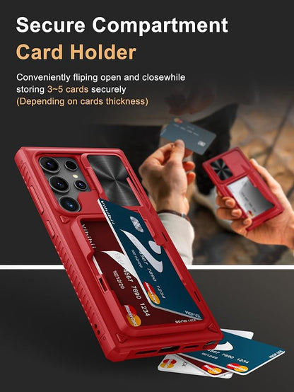 Vihibii for Samsung Galaxy S23 Ultra Case Wallet, Built-in Card Holder, Slide Camera Cover & Stand, Raised Edges Protect Screen & Military Grade Drop Protection for Galaxy S23 Ultra 5G 6.8", Dark Red