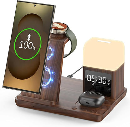 Wireless Charger for Samsung/Android, 6 in 1 Phone Nightstand Charging Station Charger with Alarm Clock/Night Light for Samsung S25/S24/S23 Ultra/Buds3,Watch Charger for Galaxy Watch 8/7/6/5-Wood