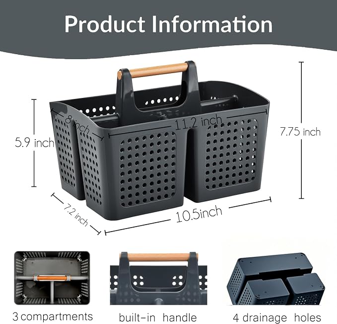 Portable Shower Caddy Basket with Compartments, Plastic Divided Cleaning Caddy Organizer Storage Tote with Handle for Bathroom, College, Dorm Room Essentials, Dark Gray