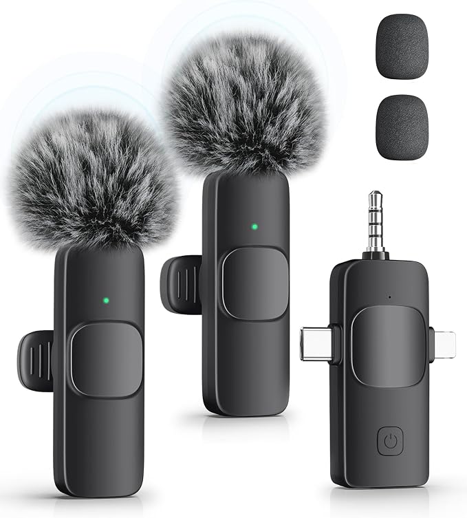 3-in-1 Wireless Lavalier Microphone for iPhone, iPad, Android, Camera - Noise-Canceling Mini Mic with 2.4G Ultra-Low Latency for Vlog, TikTok & YouTube Streaming (2 Mics)