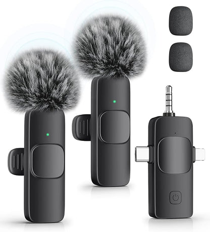 3-in-1 Wireless Lavalier Microphone for iPhone, iPad, Android, Camera - Noise-Canceling Mini Mic with 2.4G Ultra-Low Latency for Vlog, TikTok & YouTube Streaming (2 Mics)