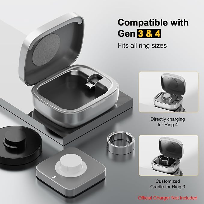 Wireless Charging Case for Oura Ring Gen 4 & 3 Charger, 1000mAh Portable Travel Power Station Fits All-Sized Oura Ring 4 & 3, 30-Day Runtime (Official Charger NOT Included)(Silver)