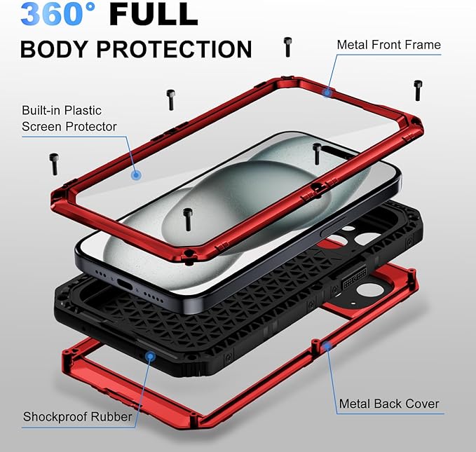Beasyjoy for iPhone 15 Plus Case Waterproof, Metal Heavy Duty Full Body Protective Case with Built-in Screen Protector, Military Grade Shockproof Dustproof Defender Case for iPhone 15 Plus 6.7", Red