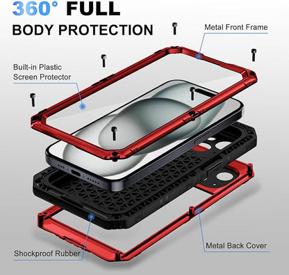 Beasyjoy for iPhone 15 Plus Case Waterproof, Metal Heavy Duty Full Body Protective Case with Built-in Screen Protector, Military Grade Shockproof Dustproof Defender Case for iPhone 15 Plus 6.7", Red