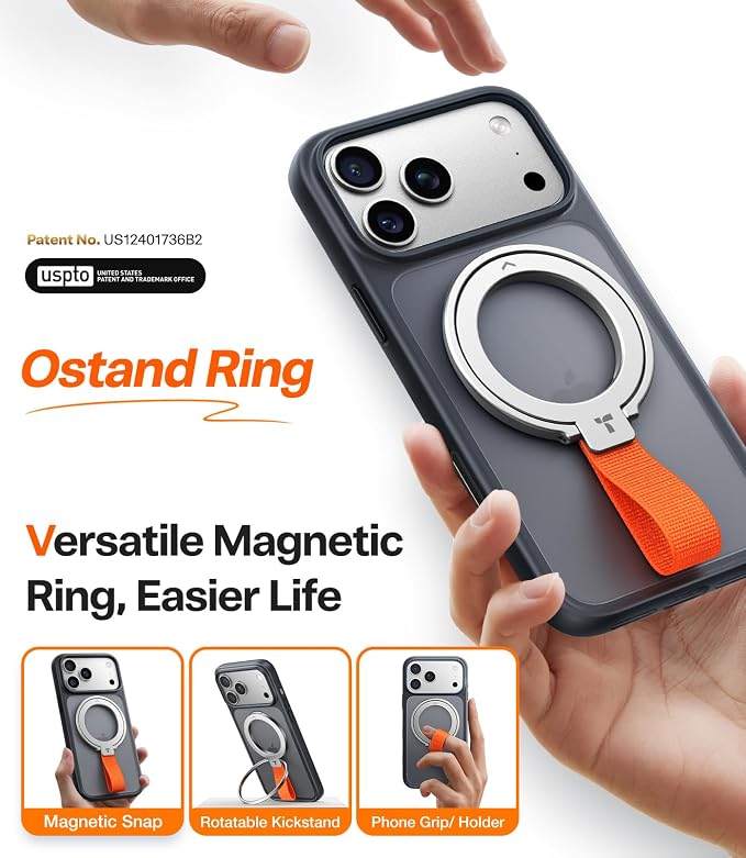TORRAS 2025 Upgrade (Gen 6.0) Magnetic Phone Grip Holder Kickstand with Braided Strap, Fit for MagSafe Ring Removable, for iPhone 17 16,15, 14, 13 12 Pro/Max Samsung, Google (Silver), Ostand Ring