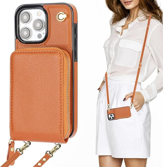 KIHUWEY Crossbody Wallet Case for iPhone 15 Pro Max, Zipper Pocket Case with Card Holder, PU Leather RFID Blocking Protective Cover with Kickstand and Detachable Wrist Strap Lanyard, 6.7" (Brown)