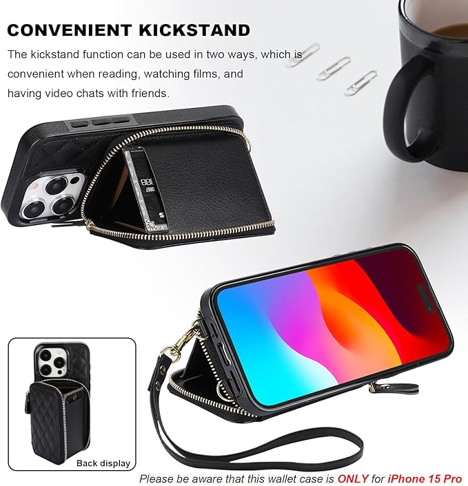 Bocasal Crossbody Wallet Case for iPhone 15 Pro, RFID Blocking PU Leather Zipper Handbag Purse Flip Cover, Kickstand Folio Case with Card Slots Holder Wrist Strap Lanyard 5G 6.1 Inch (Black)