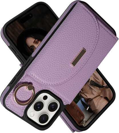 Keallce Wallet Case for iPhone 16 Pro 6.3'', Flip Case with Card Slots, Ring Holder Kickstand, PU Leather Protective Folio Cover for Women, Purple