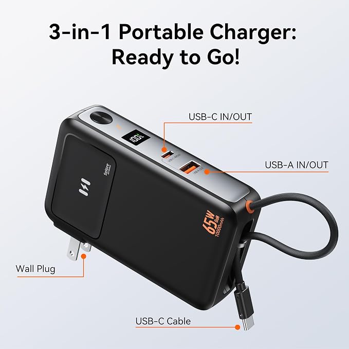 Selore&S-Global 3-in-1 Portable Phone Charger with Wall Plug, 10000mAh USB-C Power Bank with Built in Cable, 35W Portable Battery Pack for iPhone Samsung Android & 65W Wall Charger for Laptop MacBook