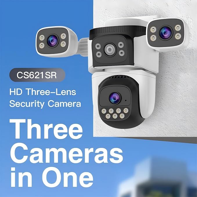 EVERSECU Triple Lens WiFi PTZ Security Camera, Three Cameras in One, Side Cameras with Adjustable All-Angle Arm, 2K 360° View No Blind Spot, Auto Tracking, Spotlight, 2 Way Audio
