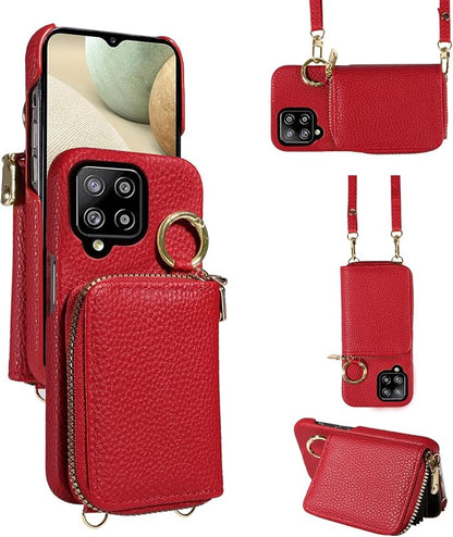 Wallet Case for Samsung Galaxy A22 4G 6.4 inch with Shoulder Strap Ring Buckle, PU Leather Zipper Organ Purse, Credit Card Holder Stand Phone Cover for M32 M22 F22 A 22 22A G4 Women Men Red