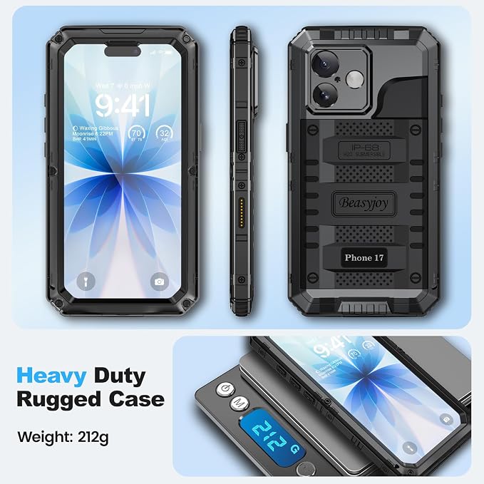 Beasyjoy for iPhone 17 Case Waterproof, Heavy Duty Metal Full Body Protection, Built-in Screen Protector, Military Grade Shockproof Dustproof Rugged Cover for iPhone 17 6.3 inch, Black