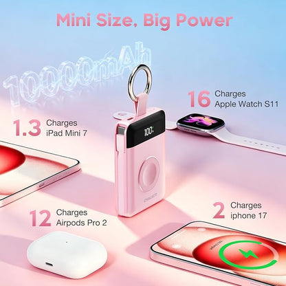 10000mAh Portable Charger,PD 22.5W Super Fast Charging Power Bank with Built-in Cables, Travel Keychain Battery Pack for iPhone 17/16/15/14/13/12,Apple Watch Ultra/11/10/9/8/7/6/SE (Pink)