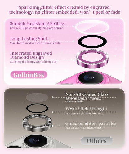 GolbinBox Camera Lens Protector for iPhone 17/16/16 Plus, 1:1 Invisible Fit, 9H Tempered Glass Ultra HD Metal Individual Camera Cover for Women, Case Friendly, Bling/Hot Pink