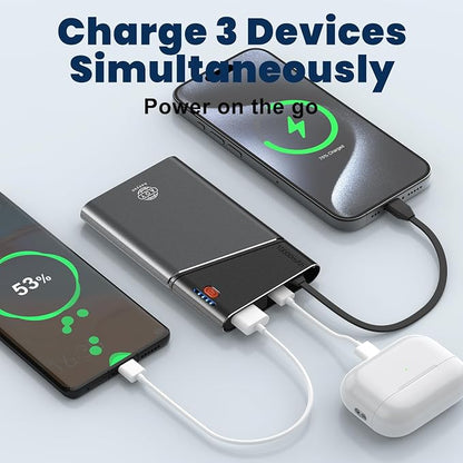 Aaoyun 10000mAh Portable Power Bank, 22.5W PD Fast Charging Battery Pack with Built-in USB-C Cable, Ultra-Slim External Phone Charger for iPhone 17/16/15, Samsung Galaxy S24, Android (Grey)