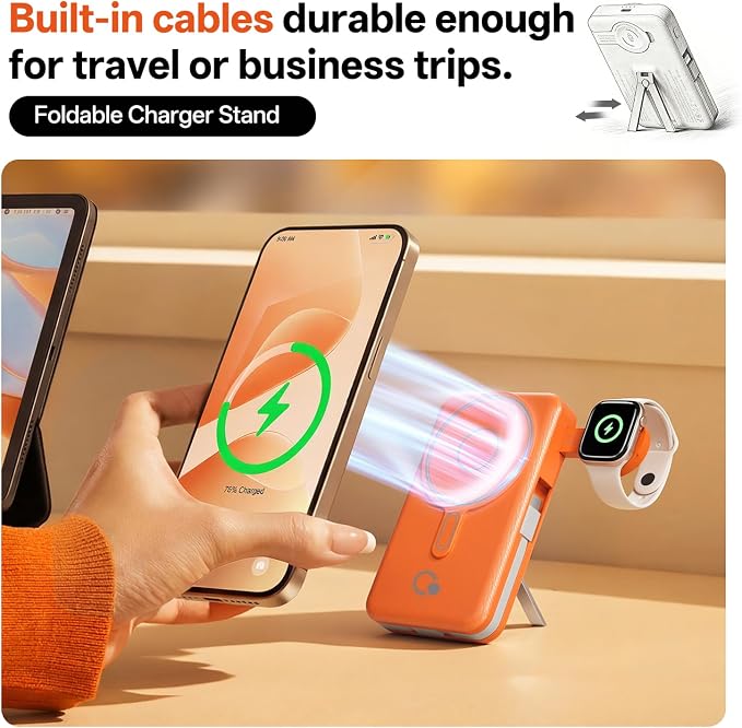 Q Magnetic Wireless Portable Charger 10,000mAh, Travel Essentials Power Bank with Built-in Cables & Foldable Stand, External Battery Pack Compatible with iPhone 17/16/15/14/13/12, Apple Watch