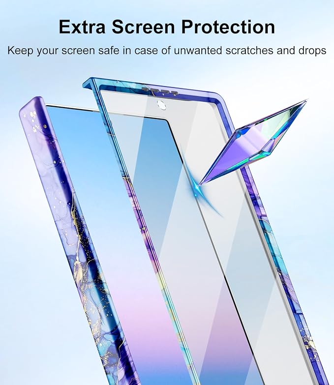 Btscase for Samsung Galaxy Z Fold 7 Case,Built in Front Screen Protector,Gold Glitter Marble Pattern Hard PC Slim Shockproof Full Body Drop Protective Case for Galaxy Z Fold 7 5G, Bright Purple Blue