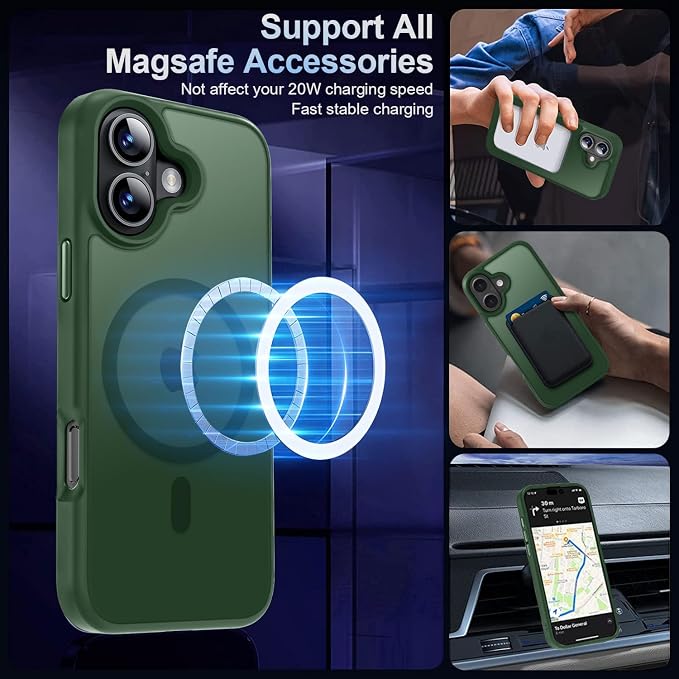 MOCCA Strong Magnetic for iPhone 16 Case, [Compatible with Magsafe][16FT Mil-Grade Drop Protection] Slim Thin Translucent Matte Protective Cover Case for iPhone 16 Phone Case 6.1", Midnight Green