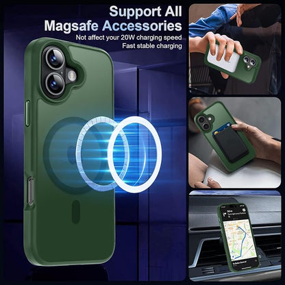 MOCCA Strong Magnetic for iPhone 16 Case, [Compatible with Magsafe][16FT Mil-Grade Drop Protection] Slim Thin Translucent Matte Protective Cover Case for iPhone 16 Phone Case 6.1", Midnight Green