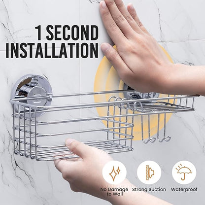 LEVERLOC Shower Caddy Suction Cup, Organizer with Hooks & Soap Holder for Inside Shower, Removable Bathroom Shelf-Silver